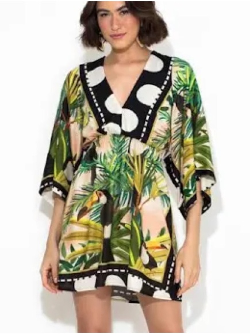 FARM Rio Tropical Toucan V-Neck Mini Dress in Green, Black, Cream